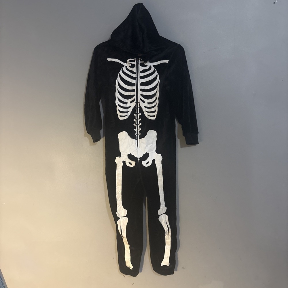 Skeleton Halloween Costume Hooded 1 pc Jumpsuit Pajamas Zip Up Kids 6-7
